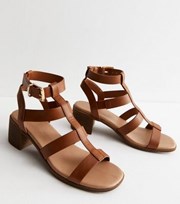 New Look Tan Leather-Look Footbed Block Heel Gladiator Sandals